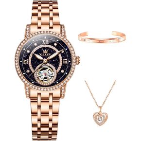 OLEVS Women’s Watch Automatic Diamond Tourbillon Luxury Fashion Stainless Steel Waterproof Luminous Wrist Watches for Ladies Gift Rose Gold/Starry Sky Blue/Silver
