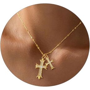 Cross Necklace 14K Gold Plated Double Cross Pendant Necklace Dainty Diamond Big Cross Charm Link Chain Choker Delicate Faith Jewelry