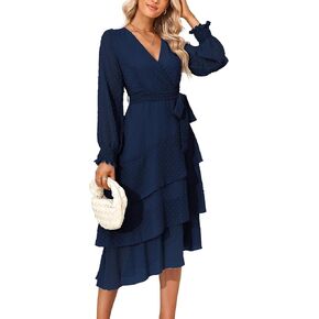 Womens V Neck Midi Dress with Belt Swiss Dot Long Sleeve High Waist Casual Tiered Ruffle Flowly Dresses