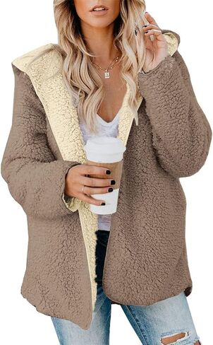 ReachMe Womens Sherpa Jacket Oversized Fleece Jacket Teddy Coats with Pockets Open Front Hooded Fuzzy Cardigan in Kuwait
