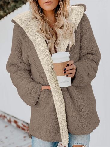 ReachMe Womens Sherpa Jacket Oversized Fleece Jacket Teddy Coats with Pockets Open Front Hooded Fuzzy Cardigan in Kuwait