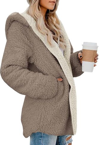 ReachMe Womens Sherpa Jacket Oversized Fleece Jacket Teddy Coats with Pockets Open Front Hooded Fuzzy Cardigan in Kuwait
