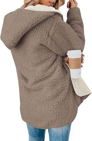 ReachMe Womens Sherpa Jacket Oversized Fleece Jacket Teddy Coats with Pockets Open Front Hooded Fuzzy Cardigan in Kuwait