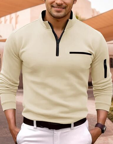 Men's Quarter Zip Up Long Sleeve Polo Shirt Casual Stylish Slim Fit Golf Polo Shirt Pullover Lightweight Polo Shirt in Saudi Arabia