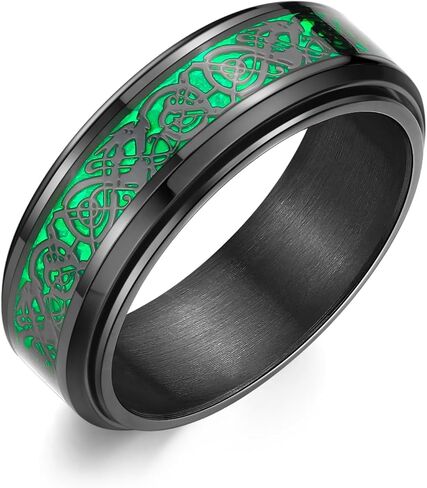 8mm Black Stainless Steel Anxiety Ring for Women Men Fidget Spinner Ring Beveled Edge Red Celtic Dragon Inlay Comfort Fit Wedding Band in Kuwait