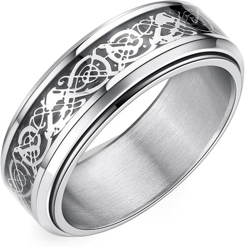 8mm Black Stainless Steel Anxiety Ring for Women Men Fidget Spinner Ring Beveled Edge Red Celtic Dragon Inlay Comfort Fit Wedding Band in Kuwait