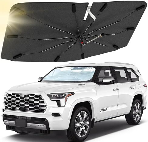 مظلة شمس للزجاج الأمامي للسيارة مناسبة خصيصًا لسيارة Toyota Sequoia 2008-2022، مظلة شمسية للسيارة مع مقبض قابل للانحناء يدور 360 درجة، غطاء شمسي للزجاج الأمامي للسيارات، يحمي الجزء الداخلي الخاص بك in Kuwait