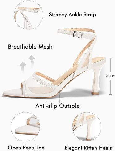 Coutgo Womens Mesh Kitten Heels Sandals Pointed Open Toe Ankle Buckle Strap Summer Dress Shoes in Saudi Arabia