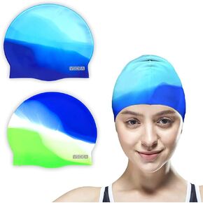Vsidea Silicone Swim Caps, 2 Pack Durable Comfortable Adult Swimming Cap Elastomeric for Women Man Short Hair Long Hair