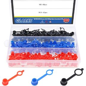 Glarks 180-Pieces M6(Red) M8(Yellow) M10(Black) Grease Zerk Fitting Caps Assortment Kit Brake Bleeder Screw Caps Dust Cover With Keeper
