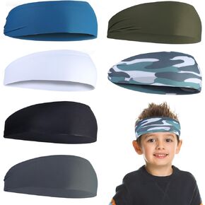 Boenoea 6 Pcs Sweatbands for Kids, Headbands Sports Boys, Moisture Wicking Headbands for Running, Cycling, Football