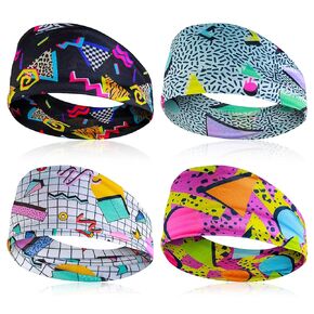 4Pcs Retro Print Head Wraps for Women Head Scarfs Soft 80s 90s Neon Bandana Headband Yoga Sport Hairbands Party Hiking Cycling Running Hair Accessories for Women Men