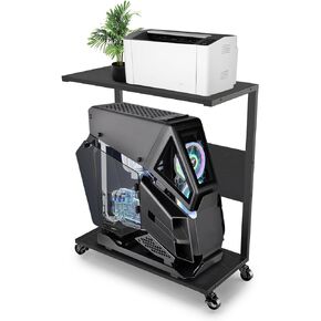 2-Tier Computer Tower Stand Black, C-Shape PC Floor Stands for Full-tower Gaming Computer ATX-Case, Mobile CPU Holder Laptop Standing Table with Rolling Wheels for Home Office