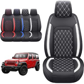 Aierxuan Jeep Wrangler JK JL 4-Door Seat Covers Full Set Custom Fit 2007-2024 Unlimited X Rubicon 392 Sahara Willys Sport High Altitude 4X4 Truck Pickup Waterproof Leather (Full Set/Black-R)
