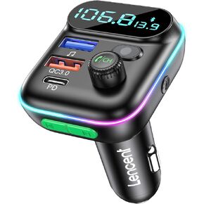 LENCENT FM Transmitter in-Car Adapter, Wireless Bluetooth 5.0 Radio Car Kit,Type-C PD + QC3.0 Fast USB Charger, Hands Free Calling, Mp3 Player Receiver Hi Fi Bass Support U Disk