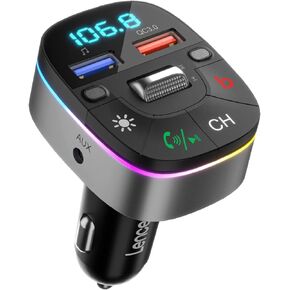 LENCENT Bluetooth 5.0 Car FM Transmitter, QC3.0 Car Charger, AUX Bluetooth Radio Music Adapter, Stronger Wireless Dual Mics & Bass Sound Cigarette Lighter, Supports Hands-Free Siri Google Assistant
