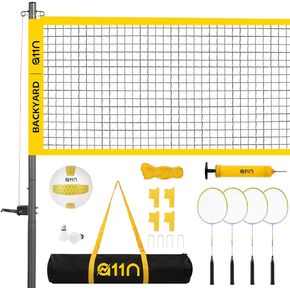 A11N Outdoor Volleyball and Badminton Combo Set - Includes Adjustable Height Anti-Sag Net, Volleyball, Air Pump, 4 Badminton Rackets, 2 Shuttlecocks, Boundary Line Marker, and Carrying Bag
