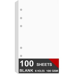 A6 Blank Paper for Filofax Personal Binder Planner, White 100gsm Blank Pages, 6 Hole Punched, 100 Sheets/200 Pages, 3.75 x 6.75 Inch