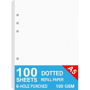 A5 Dotted Paper, Refills for Filofax Planner, Organizer, Binders, 6 Hole Punched, 100 Sheets/200 Pages, 100gsm, White, 5.8 x 8.2 Inch in Kuwait
