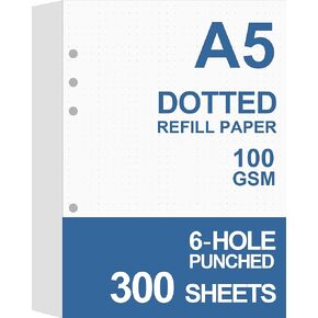 A5 Dotted Paper, Refills for Filofax Planner, Organizer, Binders, 6 Hole Punched, 100 Sheets/200 Pages, 100gsm, White, 5.8 x 8.2 Inch