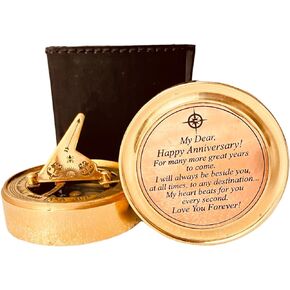 for Him or Her Sundial Compass - Unique Gift Ideas for Husband or Wife, Men 1st Wedding Anniversary 50th 40th 25th 20th Year Celebration - Brass Gold Color (Leather Case)