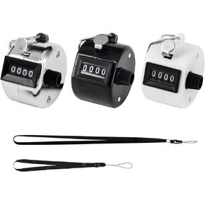 3 Pack Hand Tally Counter 4 Digit Mechanical Palm Click Counter with Metal Finger Ring for Coaching, Knitting, Lap, Fishing, Golf and Row with 2-Nylon Lanyard (Black White Silver)