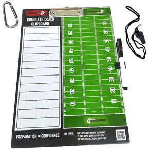 Coach D's Complete Coach Flag Football or Tackle Dry Erase Clipboard - Double-Sided Coaching Marker Board to Plan Offense and Defense - Execute Your Game Plan! Bonus Whistle, Clip-on Marker, and Clip