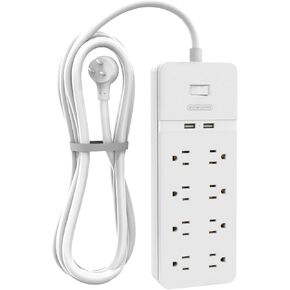 قابس مسطح بسلك تمديد بطول 25 قدمًا، شريط طاقة NTONPOWER 8 مخارج لحماية التيار مع منافذ USB، 1080 جول، قاطع دائرة 15 أمبير، حامل على الحائط لورشة عمل المكتب المنزلي أو المرآب، مدرج في قائمة ETL، أبيض