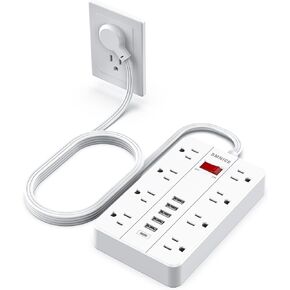 Power Strip Surge Protector, SMNICE Flat Plug Long Extension Cord 10 Ft with 8 Widely Spaced Outlets 6USB(1 USB C) Charging Station, Wall Mount for Dorm Home, Office Accessories,White