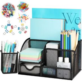 LABUK Desk Organizer Caddy and Accessories with 6 Compartments, Mesh Desk Organizer, Pen Holder, 84 Accessories for Office, School, Home