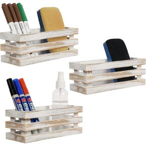 MyGift 7 Inch Whitewashed Wood Magnetic Office Supplies Storage Crates, Rustic Pencil and Whiteboard Accessories Holder Organizer Baskets, Set of 3