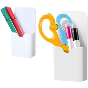 Magnetic Marker Holder Pen Holder for Whiteboard or Fridge Magnet Pencil Cup Storage Organizer for Classroom Office Home Locker and Metal Cabinets Media Organizer Storage 2Pack(White) (White)