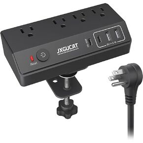 Desk Clamp Power Strip with USB C, JXGUCAT PD 20W Fast Charging Power Station, Removable Desk Clamp Mount Power Strip Surge Protector, 10 ft Cord with 4 Outlet 4 USB Ports, Fit 1.8" Tabletop Edge