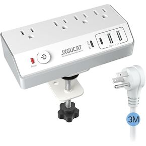Desk Clamp Power Strip 10FT with PD 20W Fast Charging USB C, JXGUCAT Desk Mount Power Strip Surge Protector, Removable Extension Cord with 4 Outlets 4 USB Ports, Fit 1.8" Tabletop Edge, White in Kuwait