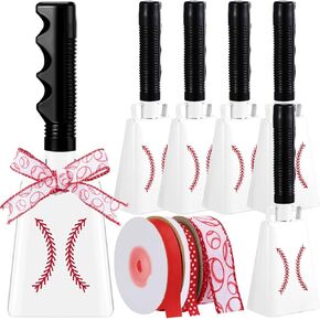 Lukmaa 6 قطع أجراس بقرة مقاس 9 بوصة مع مقابض موضوع البيسبول مع شريط من أجراس البقر الإيقاعية للأحداث الرياضية، صانعي الضوضاء، فريق روح الرياضة، هدايا حفلات البيسبول لمحبي البيسبول in Kuwait