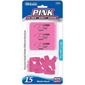 BAZIC Pink Erasers + Pencil Top Erasers Set (15/Pack), Block Erasers, Arrowhead Caps Tops, Latex Free, for Art Drawing Sketching School, 1-Pack