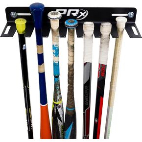 PRx Performance Baseball Bat Rack and Sports Stick Storage Hockey Lacrosse Hanger Wall Mount 14 Metal or Wood Bats Caddy Holder USA Made Softball Hooks for Home