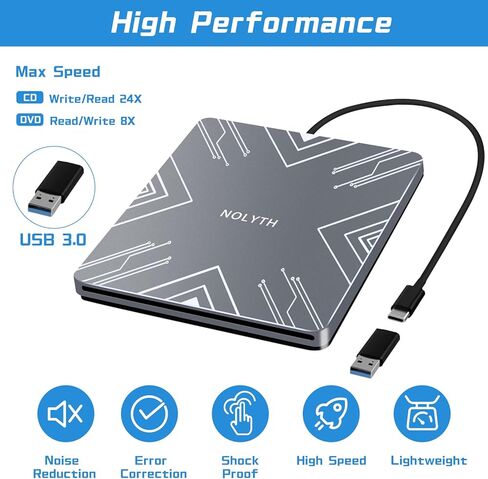 NOLYTH محرك أقراص DVD خارجي USB 3.0 بفتحة محمولة لقرص CD/DVD ROM ناسخ أقراص CD DVD+/-RW، مشغل DVD نحيف لقارئ الكمبيوتر المحمول Wirter Disk Drive MacBook Desktop PC Windows11 in Kuwait