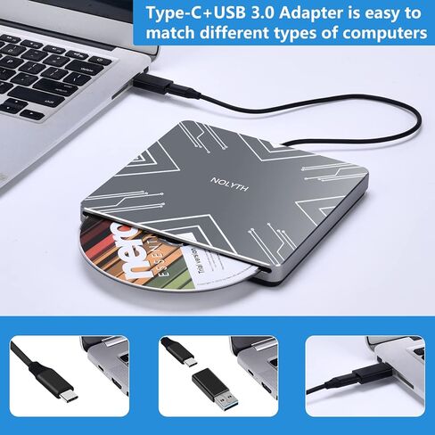 NOLYTH محرك أقراص DVD خارجي USB 3.0 بفتحة محمولة لقرص CD/DVD ROM ناسخ أقراص CD DVD+/-RW، مشغل DVD نحيف لقارئ الكمبيوتر المحمول Wirter Disk Drive MacBook Desktop PC Windows11 in Kuwait