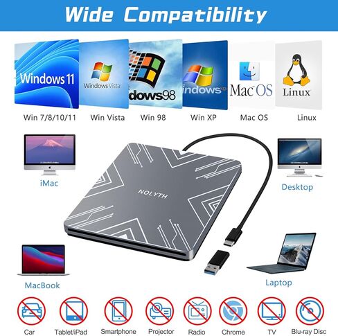 NOLYTH محرك أقراص DVD خارجي USB 3.0 بفتحة محمولة لقرص CD/DVD ROM ناسخ أقراص CD DVD+/-RW، مشغل DVD نحيف لقارئ الكمبيوتر المحمول Wirter Disk Drive MacBook Desktop PC Windows11 in Kuwait
