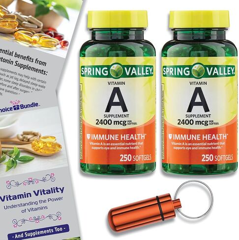 Spring Valley Vitamin A Softgels, 2400 mcg Choice Bundle 250 Count + Vitamin Vitality Guide and Pill Container (3 Items)! in Saudi Arabia