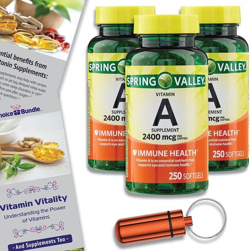 Spring Valley Vitamin A Softgels, 2400 mcg Choice Bundle 250 Count + Vitamin Vitality Guide and Pill Container (3 Items)! in Saudi Arabia