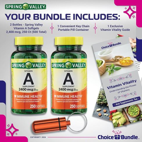 Spring Valley Vitamin A Softgels, 2400 mcg Choice Bundle 250 Count + Vitamin Vitality Guide and Pill Container (3 Items)! in Saudi Arabia