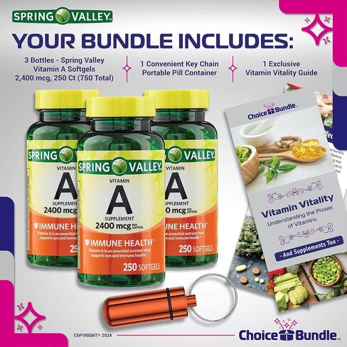 Spring Valley Vitamin A Softgels, 2400 mcg Choice Bundle 250 Count + Vitamin Vitality Guide and Pill Container (3 Items)! in Saudi Arabia