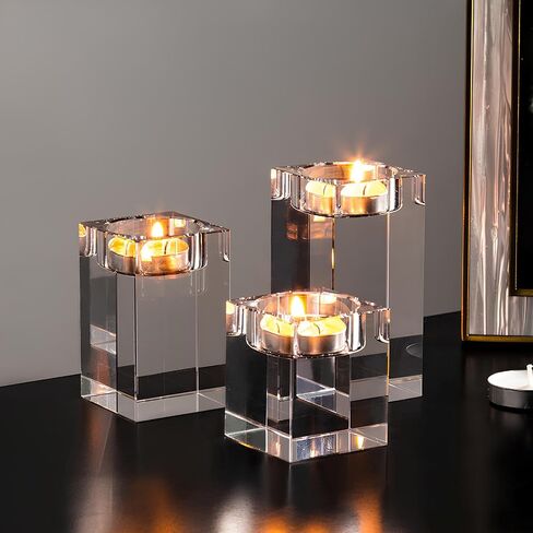 Crystal Candle Holders Set of 3 Clear Tea Light Candle Holders Square Candle Stand Glass Votive Candlestick Holders Centerpiece Table Decorations for Wedding Dining Living Room,3.15 in 3.94 in 4.72in in Saudi Arabia