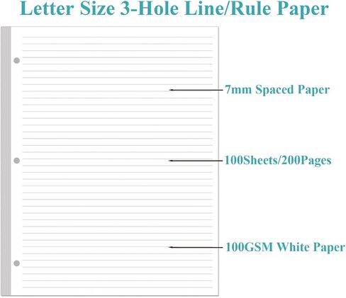 A4 Lined Refill Paper, 3-Hole Punched Ruled Filler Paper, 100Sheets / 200Pages Loose-Leaf Paper, 100gsm White Paper, 8.5'' x 11'' in Kuwait