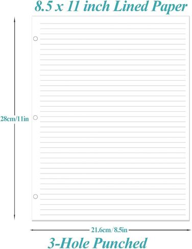 A4 Lined Refill Paper, 3-Hole Punched Ruled Filler Paper, 100Sheets / 200Pages Loose-Leaf Paper, 100gsm White Paper, 8.5'' x 11'' in Kuwait