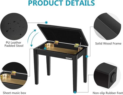 Neewer مقعد بيانو خشبي مع ورقة تخزين الموسيقى مقعد أسود منفرد وسادة من جلد البولي يوريثان، هيكل من الخشب الصلب الصلب DX10 in Kuwait