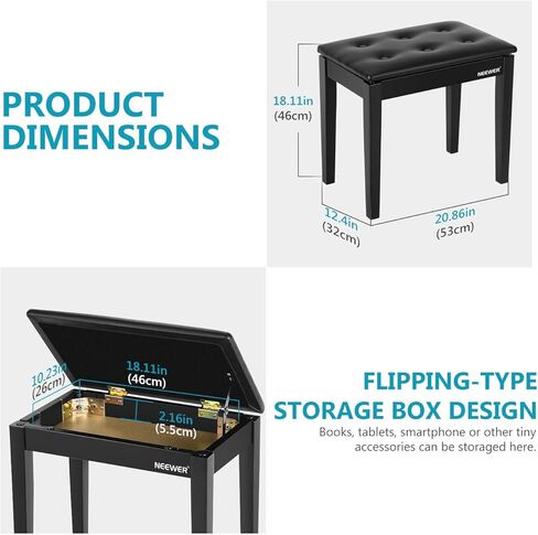 Neewer مقعد بيانو خشبي مع ورقة تخزين الموسيقى مقعد أسود منفرد وسادة من جلد البولي يوريثان، هيكل من الخشب الصلب الصلب DX10 in Kuwait