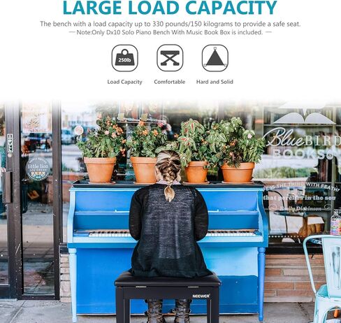 Neewer مقعد بيانو خشبي مع ورقة تخزين الموسيقى مقعد أسود منفرد وسادة من جلد البولي يوريثان، هيكل من الخشب الصلب الصلب DX10 in Kuwait